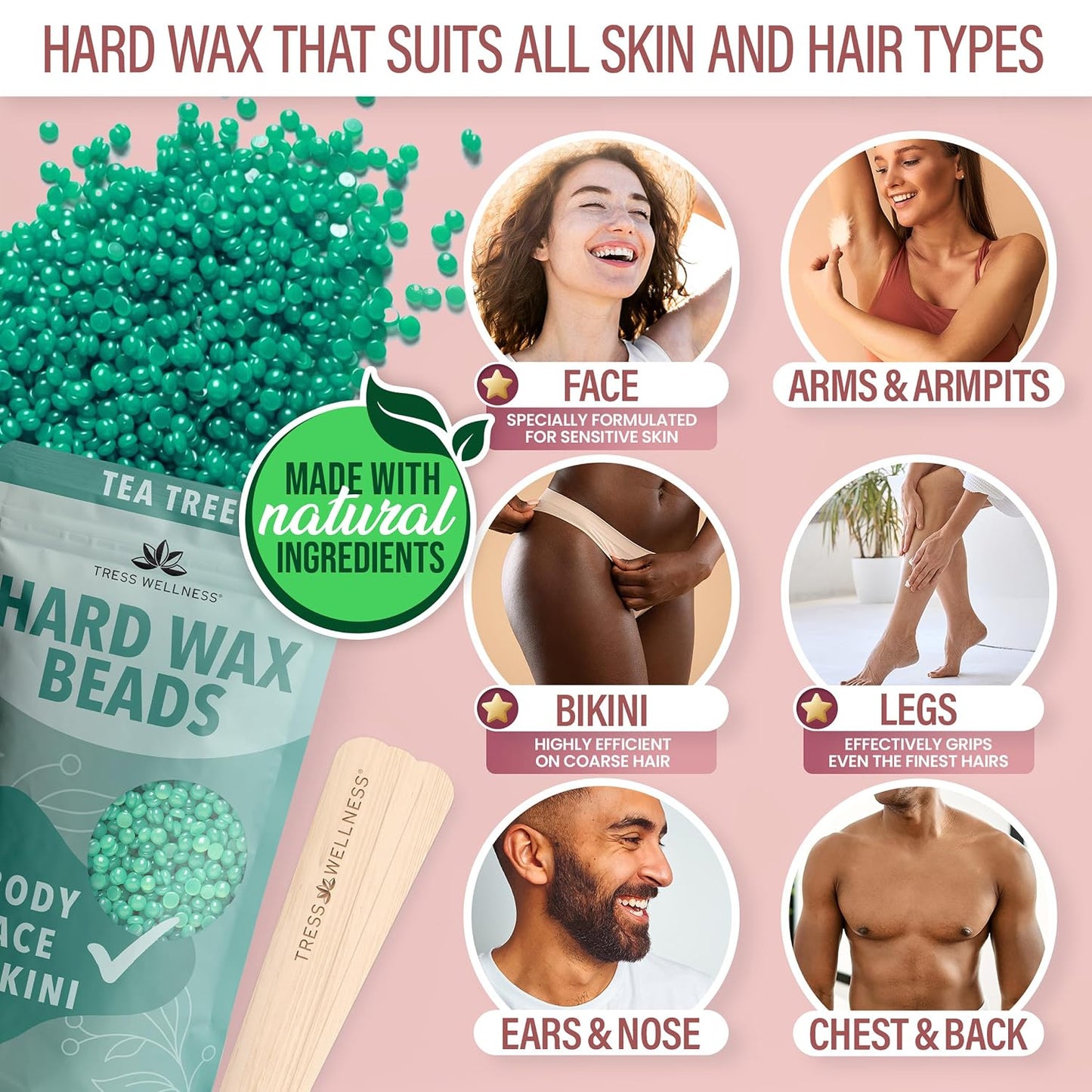 Tress Wellness Award Winning Waxing Kit for Sensitive Skin, Safe for Face & Skin, Easy to Use, At-Home Kit for Face, Bikini, Brazilian & Full Body - Digital Display, Black Purple Flower