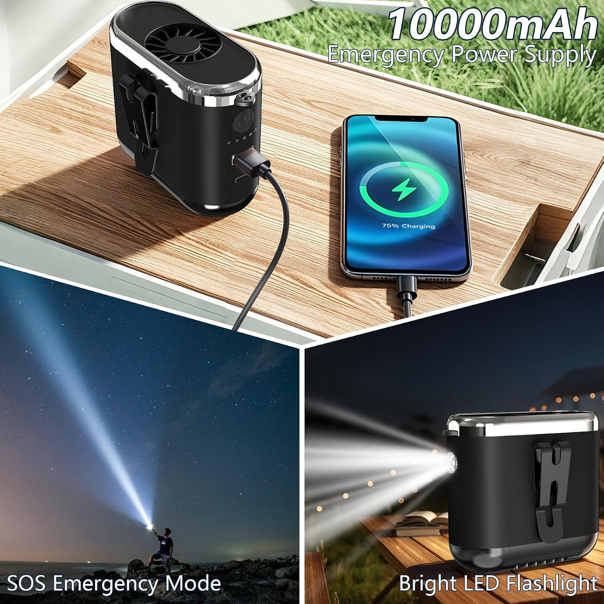 10000mAh Portable Waist Fan Clip On Rechargeable, Personal Wearable Belt Neck Fan with 5 Speeds & Flashlight, Hands-Free MAX 40H Work Time for Outside Jobsite Camping Travel (Black)