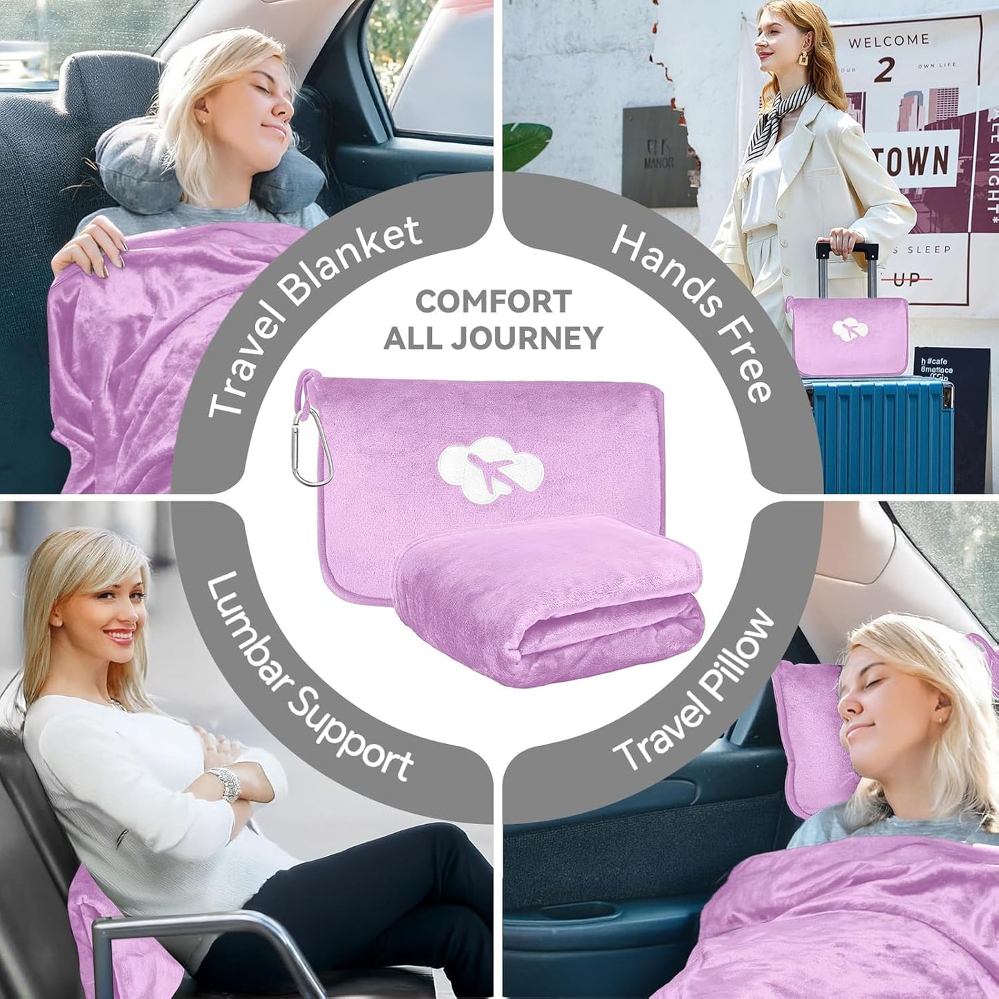Travel Blanket and Pillow Compact, Premium Soft 2 in 1 Airplane Blanket with Soft Bag Pillowcase，Hand Luggage Sleeve and Backpack Clip (Checkered Black)