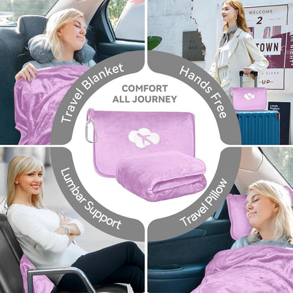 Travel Blanket and Pillow Compact, Premium Soft 2 in 1 Airplane Blanket with Soft Bag Pillowcase，Hand Luggage Sleeve and Backpack Clip (Checkered Black)