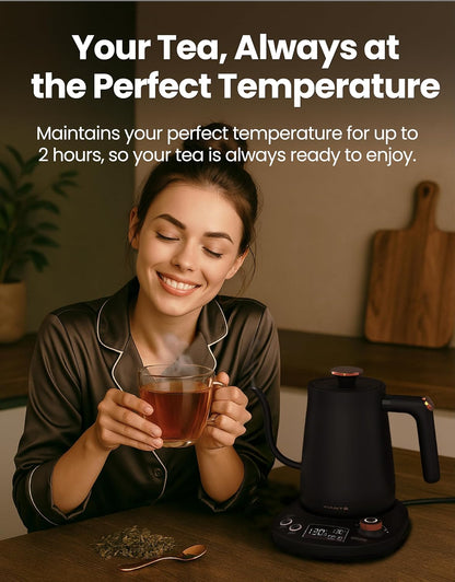 Viante Alba Electric Tea Kettle with Infuser, No Plastic In Contact With Water, 1.5L Borosilicate Glass, 304 Stainless Steel, 4 Temperature Presets, Keep Warm, Cordless, Auto Shut-Off