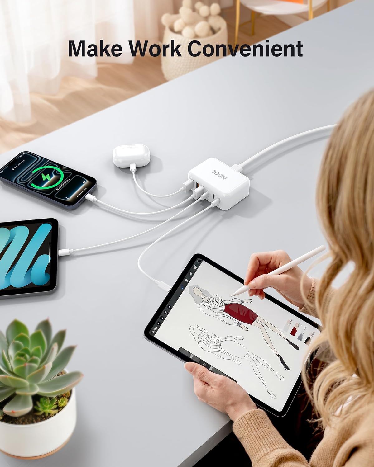 USB Fast Charger Block 50% Smaller 100W Max 6-Port GaN USB Charging Station