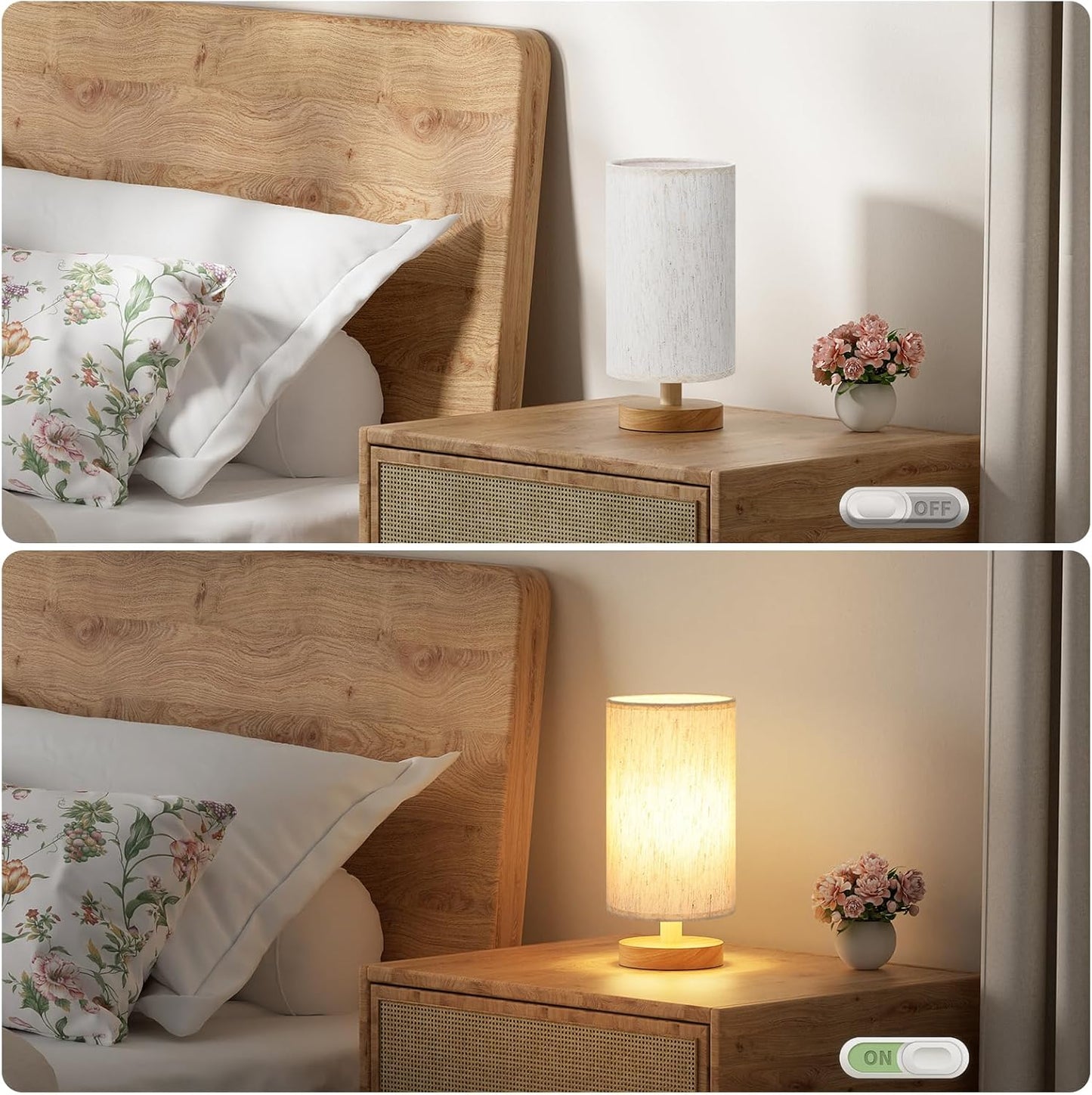 Fenmzee Small Table Lamp for Bedroom - Inline Control, Bedside Lamp with 3000K A15 LED Blub, Easy Assembly (Cream Shade - Wood Base, 9" Inline Control)