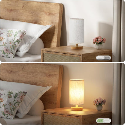 Fenmzee Small Table Lamp for Bedroom - Inline Control, Bedside Lamp with 3000K A15 LED Blub, Easy Assembly (Cream Shade - Wood Base, 9" Inline Control)