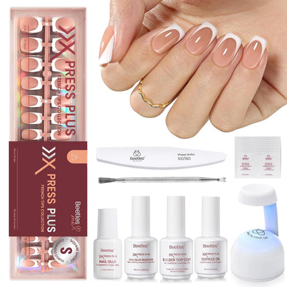 Beetles Press On Nail Kit-Short Square French Tip Press On Nails, 150Pcs Pink French Nail Tips with Nail Glue & Remover Builder Top Coat Nail Lamp, All-in-One DIY Fake Nails Gift for Women