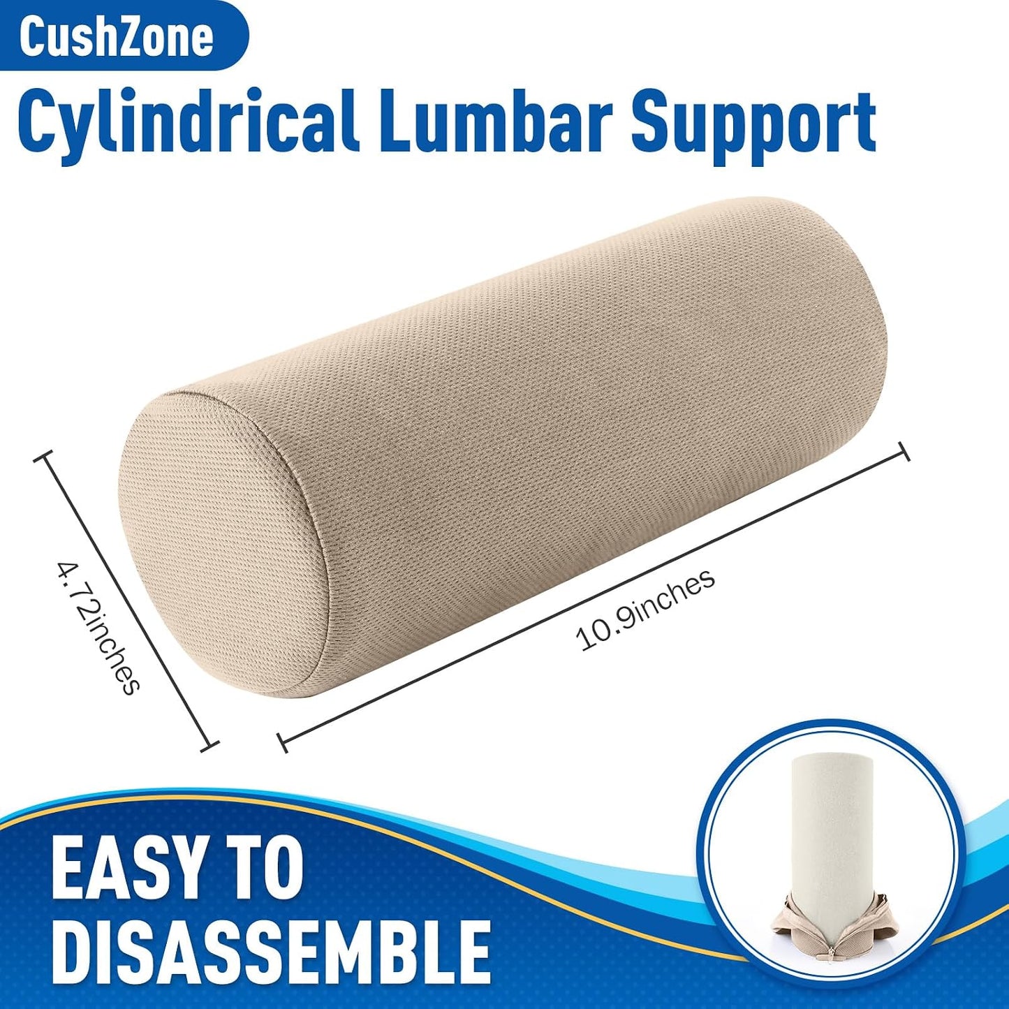 CushZone Lumbar Roll Support Pillow for Office Chair, Car, Gaming Chair, Memory Foam Back Cushion with Washable Cover for Relieving Back Pain & Improving Posture,Black