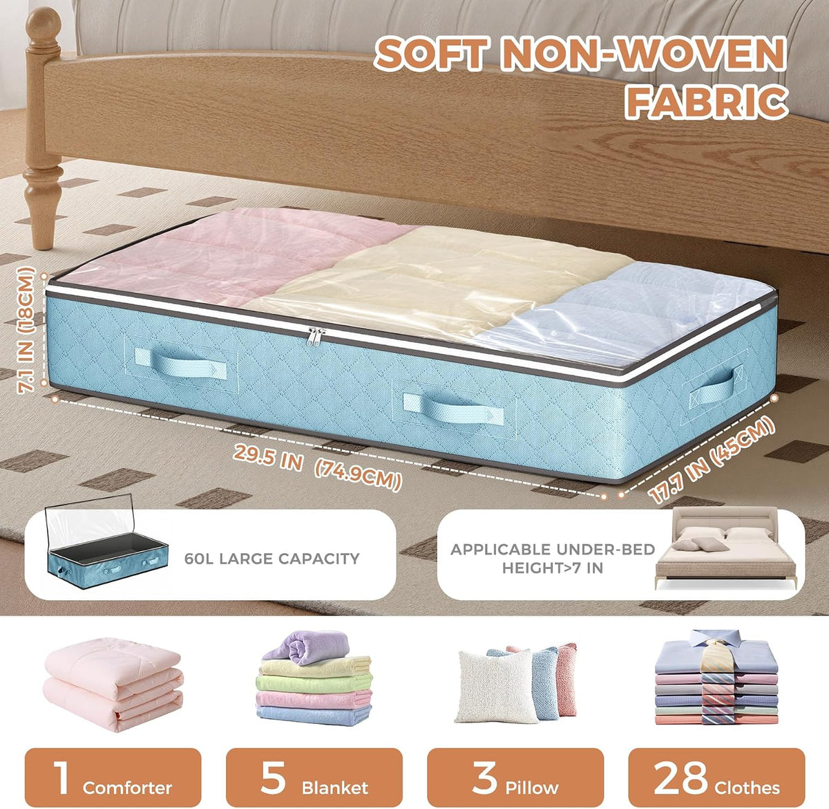 Budding Joy 95L Under Bed Storage Containers, 4 Pack Closet Organizers Grey
