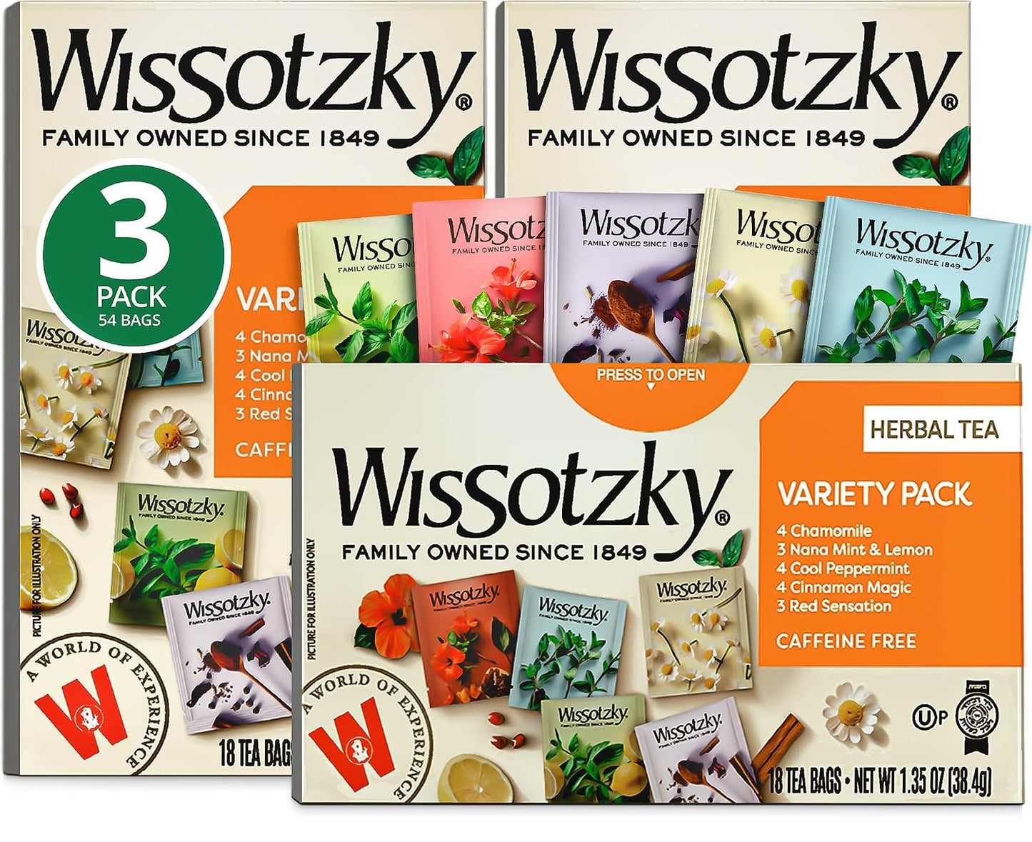 Wissotzky Herbal Variety Pack Tea Assortment, 18 Tea Bags | Caffeine Free | Herbal Tea Sampler