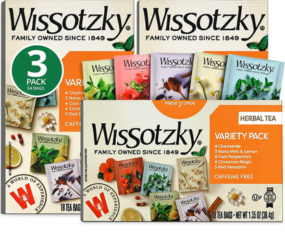 Wissotzky Herbal Variety Pack Tea Assortment, 18 Tea Bags | Caffeine Free | Herbal Tea Sampler