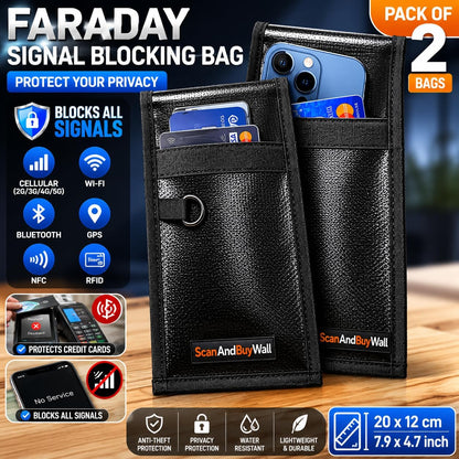Faraday Bag for Phones (2 Pack) – Signal Blocking Pouch - Blocks Cell WiFi Bluetooth GPS RFID & NFC - Privacy Protection Faraday Phone Bag for Phones Credit Cards Passports & Key Fobs – 7.9" x 4.7"