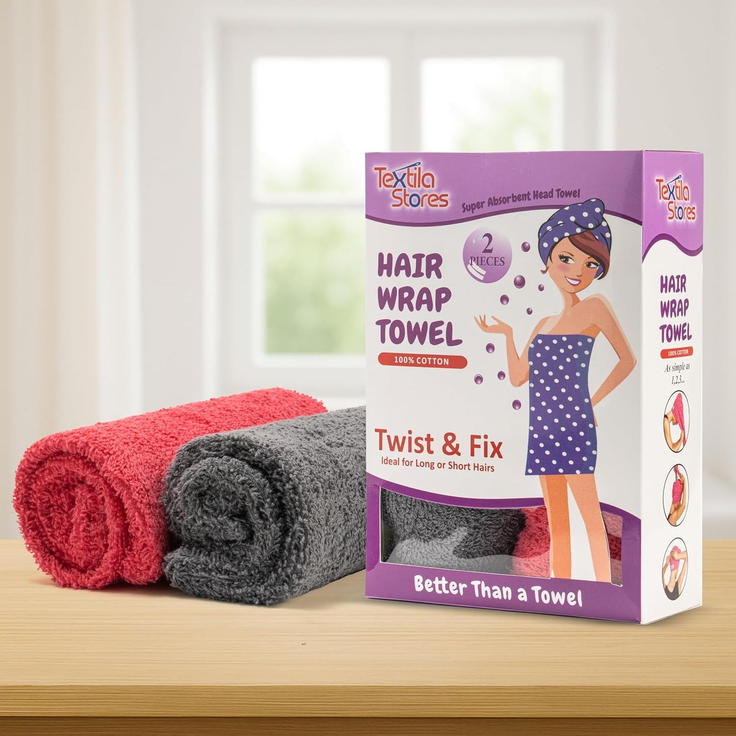 Textila 100% Cotton Hair Wrap Towels for Women (Pack of 2, Raspberry & Green) – Soft & Absorbent Turban Towels for Long, Curly, Frizz-Prone Hair