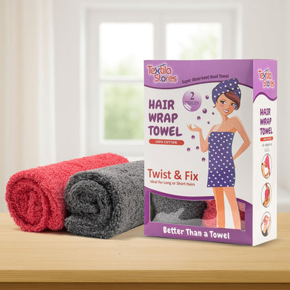 Textila 100% Cotton Hair Wrap Towels for Women (Pack of 2, Raspberry & Green) – Soft & Absorbent Turban Towels for Long, Curly, Frizz-Prone Hair