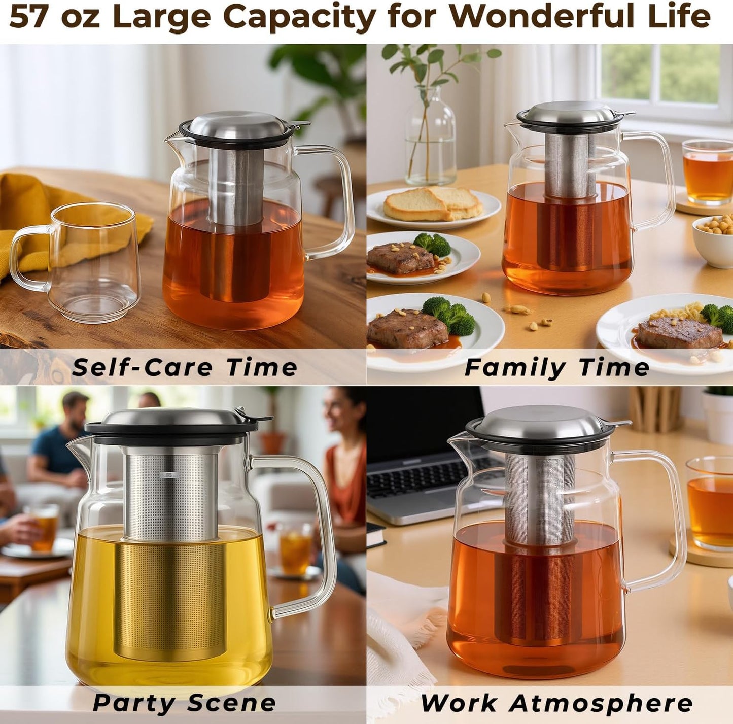 Aquach 51oz Glass Teapot with Infuser, Stovetop Safe Borosilicate Tea Pot | Dishwasher Safe, Plastic-free, Precise Loose Leaf Filter, Easy-clean Opening, Sharing Capacity
