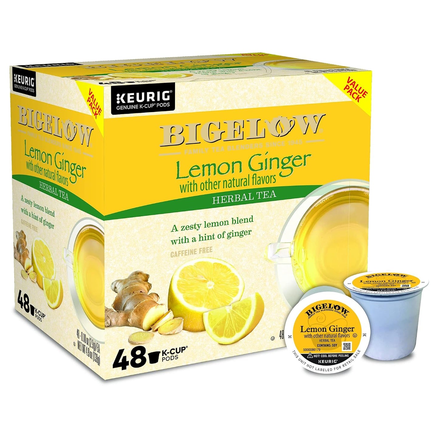 Bigelow Tea Lemon Ginger Herbal Keurig K-Cup Pods, 12 Count Box (Pack Of 6), Caffeine Free Herbal Tea, 72 K-Cup Pods Total