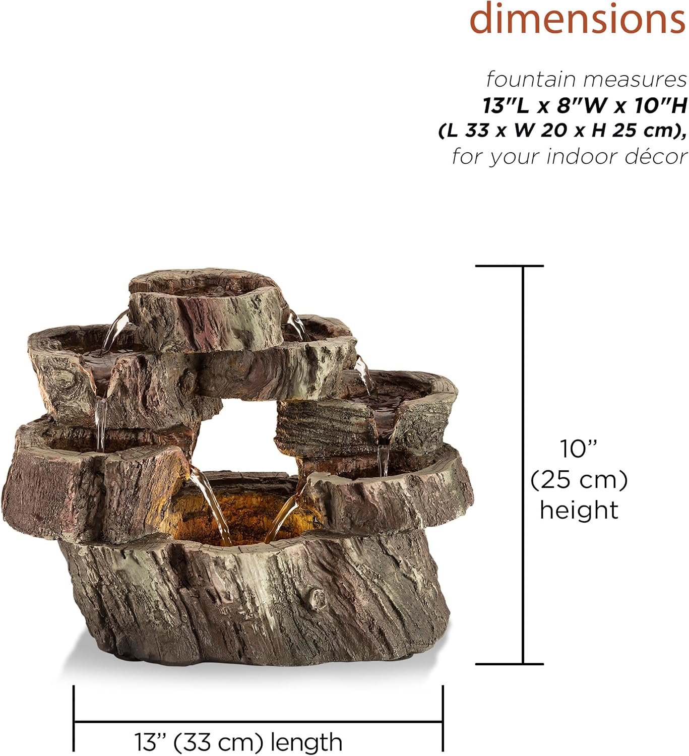Alpine Corporation | 14"H Indoor Tiered Log Tabletop Fountain with LED Lights — Cascading Waterfall Design Creates Relaxing Ambiance for Home & Office Décor
