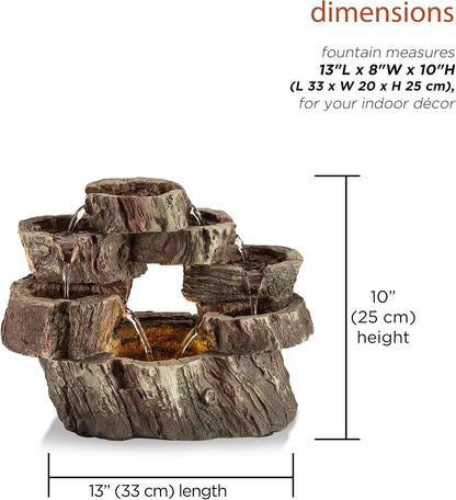 Alpine Corporation | 14"H Indoor Tiered Log Tabletop Fountain with LED Lights — Cascading Waterfall Design Creates Relaxing Ambiance for Home & Office Décor