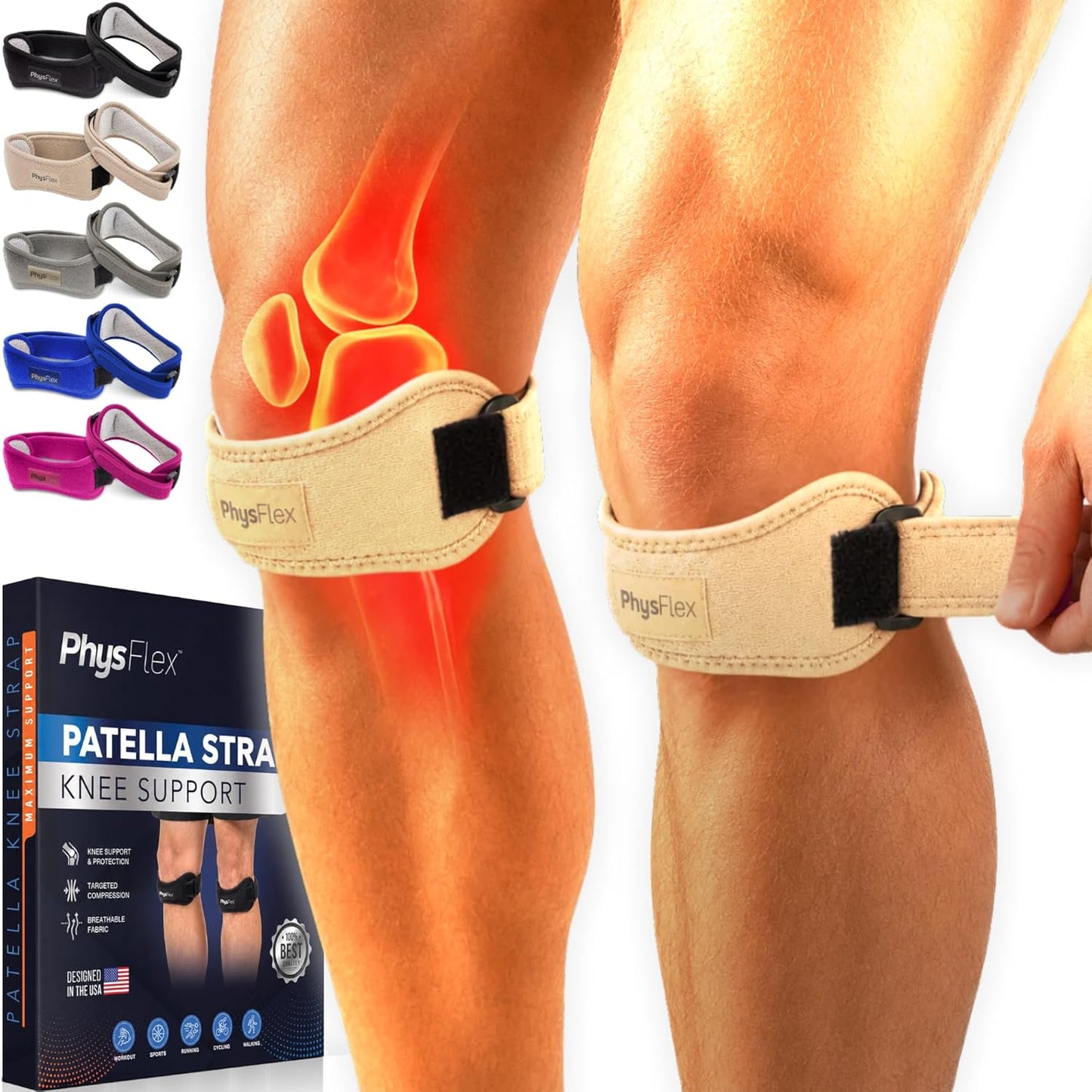 PhysFlex 2 Pack Patellar Tendon Support Strap - Knee Brace for Pain Relief, Patella Band for Basketball, Jumpers Knee, Tendonitis, Adjustable Patella Stabilizer Strap for Men & Women