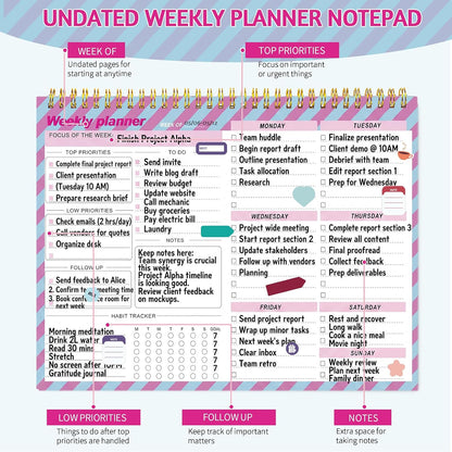 Weekly To Do List Notepad, 8.5''x11'' Weekly Desk Planner with 52 Tear Off Sheets Undated Weekly Planner Habit Tracker & Productivity Organizer for Home and Work, Pink