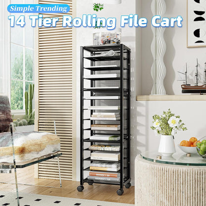 Simple Trending 12-Tier Rolling File Cart, Desk File Organizer with 11 Mesh Sliding Trays, Letter & Legal Paper Storage Rolling Utility Cart for Office Home School, Black