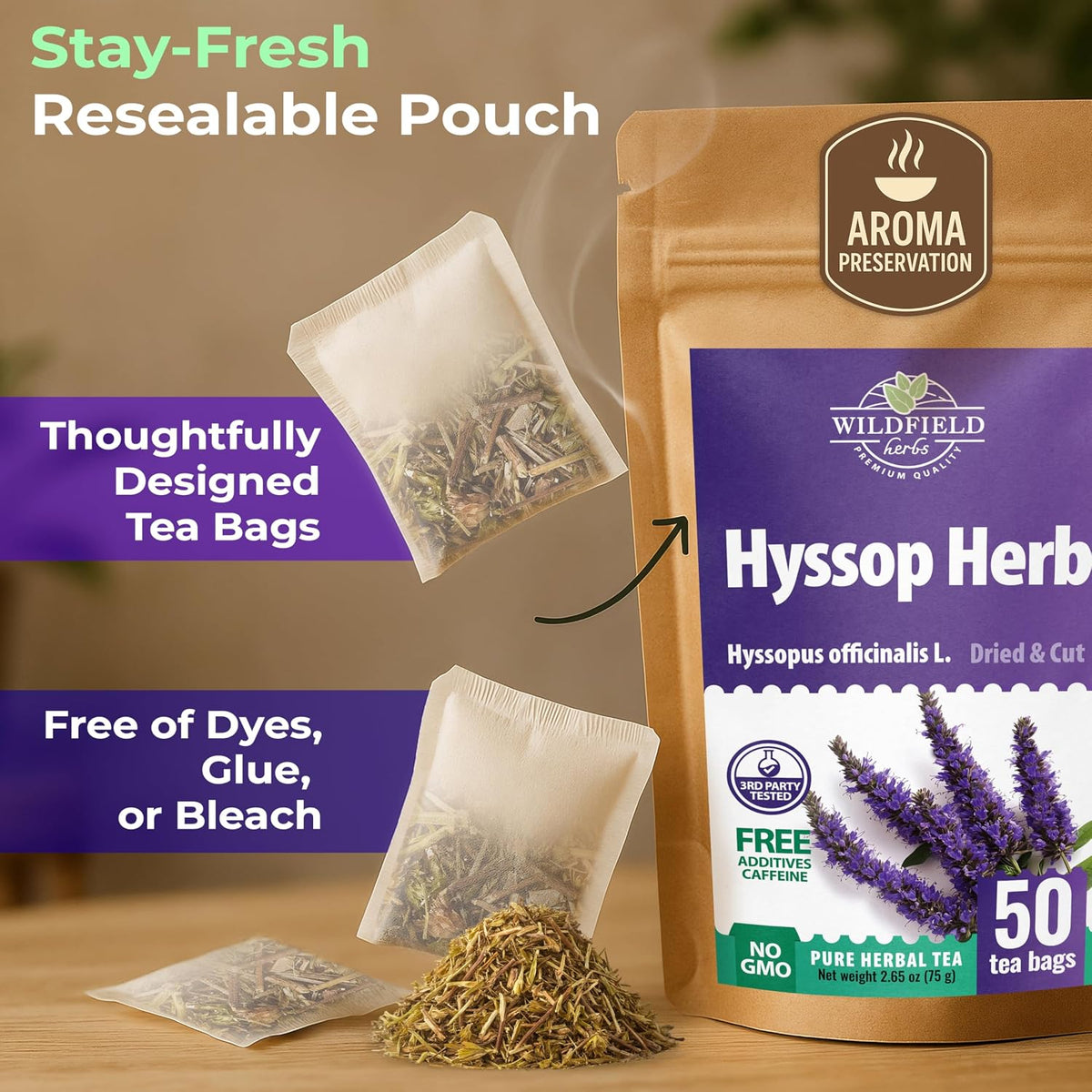 50 Bags Hyssop Dried Herb Hyssop Tea (Hyssópus Officinális) - 50 Count 1.5g Tea Bags Hisopo