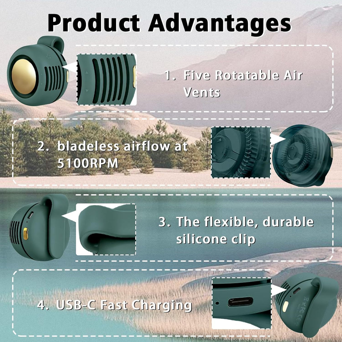 Portable Clip-On Fan, Mini USB Rechargeable 360° Rotatable Fan, Personal Fan 3-Speed Silent Mini Bladeless Fans (White)