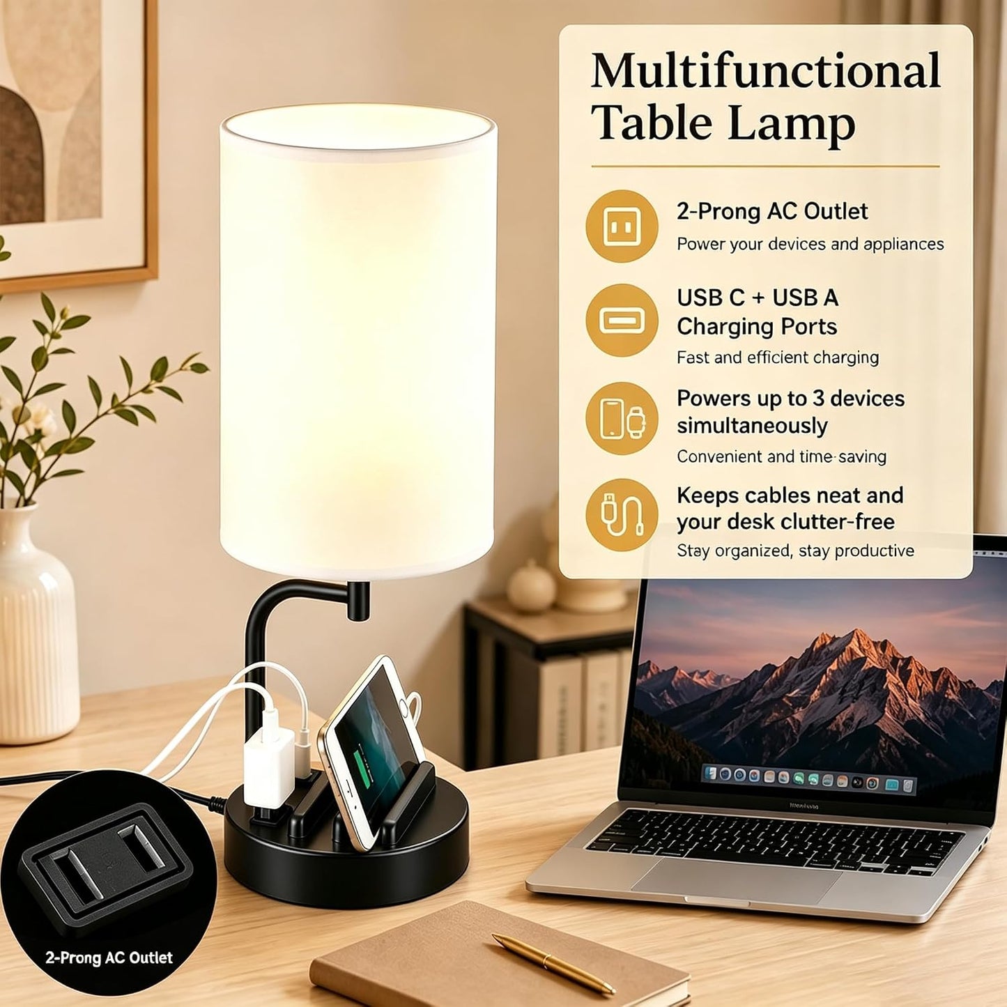 Dreamholder Touch Control USB Table Lamp with USB C/A & AC Outlet, 3-Way Dimmable Bedside Lamp, Modern Nightstand Lamps for Bedroom Living Room Guest Room Office, Bulb Included, Gold