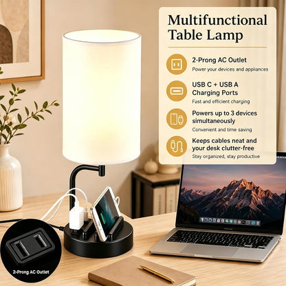Dreamholder Touch Control USB Table Lamp with USB C/A & AC Outlet, 3-Way Dimmable Bedside Lamp, Modern Nightstand Lamps for Bedroom Living Room Guest Room Office, Bulb Included, Gold