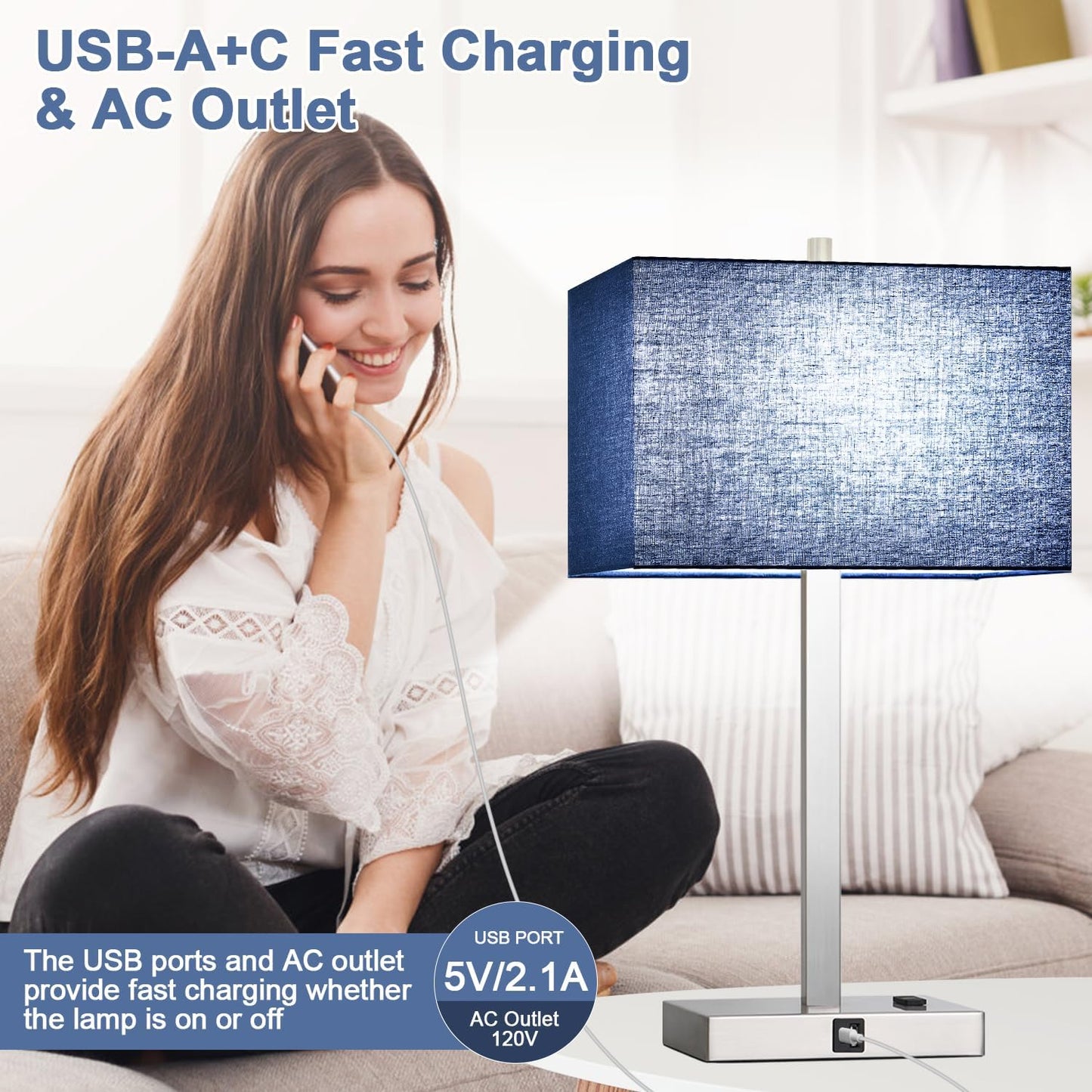 21" Touch Bedside lamps with 2 USB & AC Outlets, 3-Way Dimmable Bedside Table Lamps Set of 2 for Bedroom Living Room Office Reading, Gray Shade Lamps for Night Stands, 5000K LED Bulbs Included