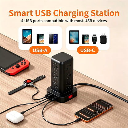 Extension Cord with Multiple Outlets, SMALLRT Power Strip Tower, Outlet Extender with 12 AC Outlets 4 USB, 6.5FT Extension Cord for Home Dorm Room, Office Supplies,Overload Protection