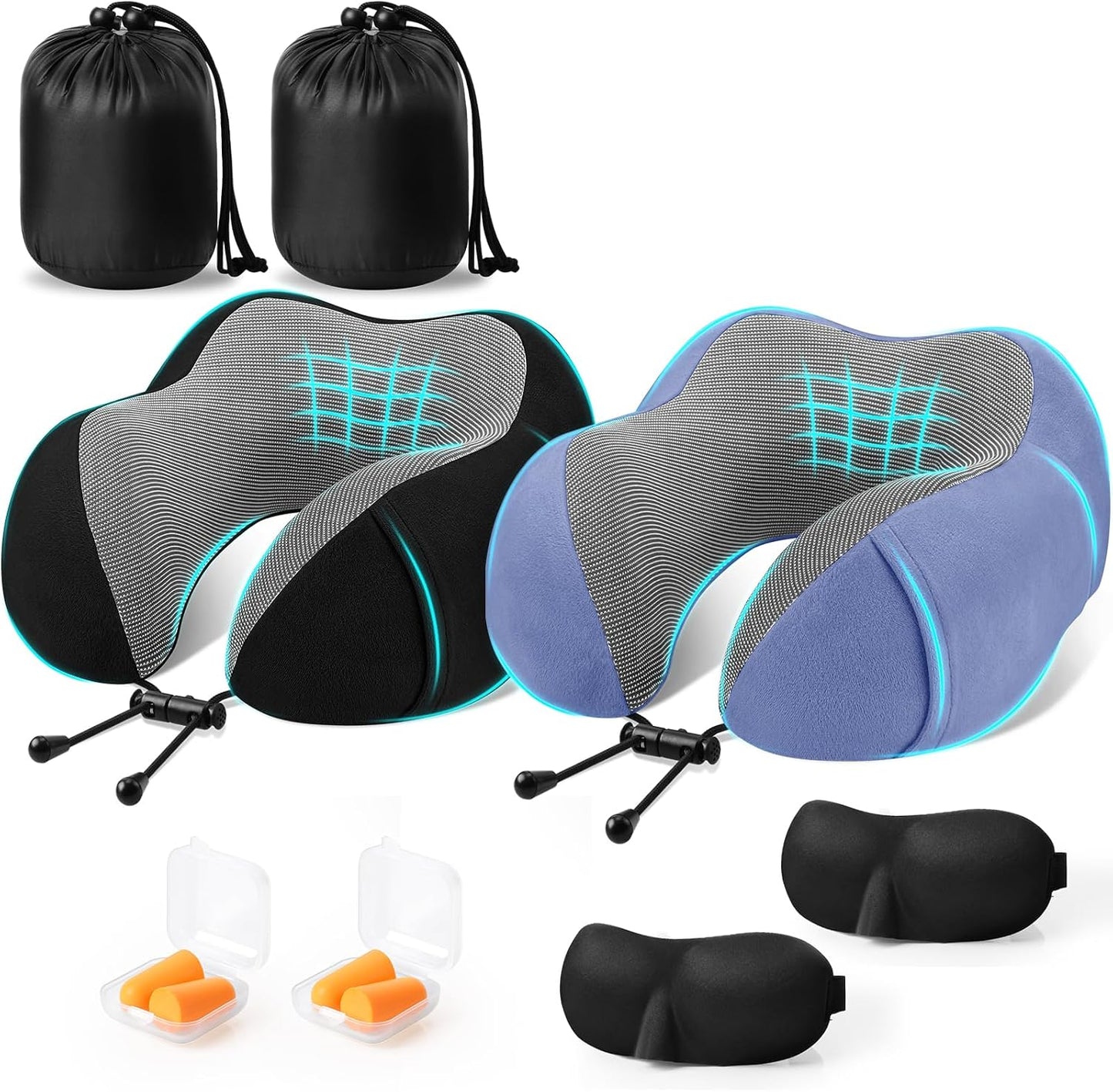 CloudBliss Travel Pillow for Airplane, Memory Foam Neck Pillow for Travel, Compact Flight Pillow with Eye Mask, Earplugs, Carry Bag, Travel Neck Pillow for Long Flight Sleep, Plane Accessories, Black