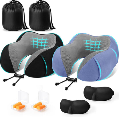 CloudBliss Travel Pillow for Airplane, Memory Foam Neck Pillow for Travel, Compact Flight Pillow with Eye Mask, Earplugs, Carry Bag, Travel Neck Pillow for Long Flight Sleep, Plane Accessories, Black