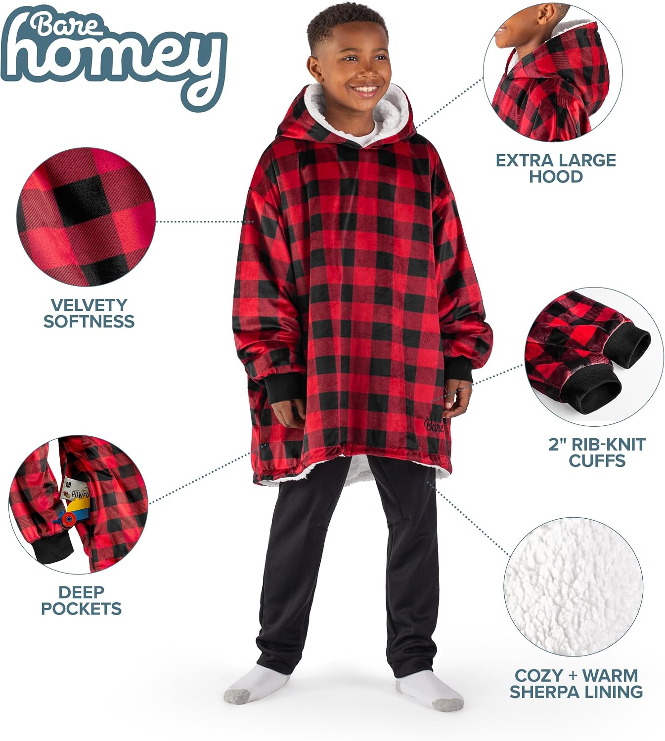 Bare Home Wearable Blanket Hoodie - Soft Plush Sherpa - Warm and Cozy - Oversized Wearable Blanket