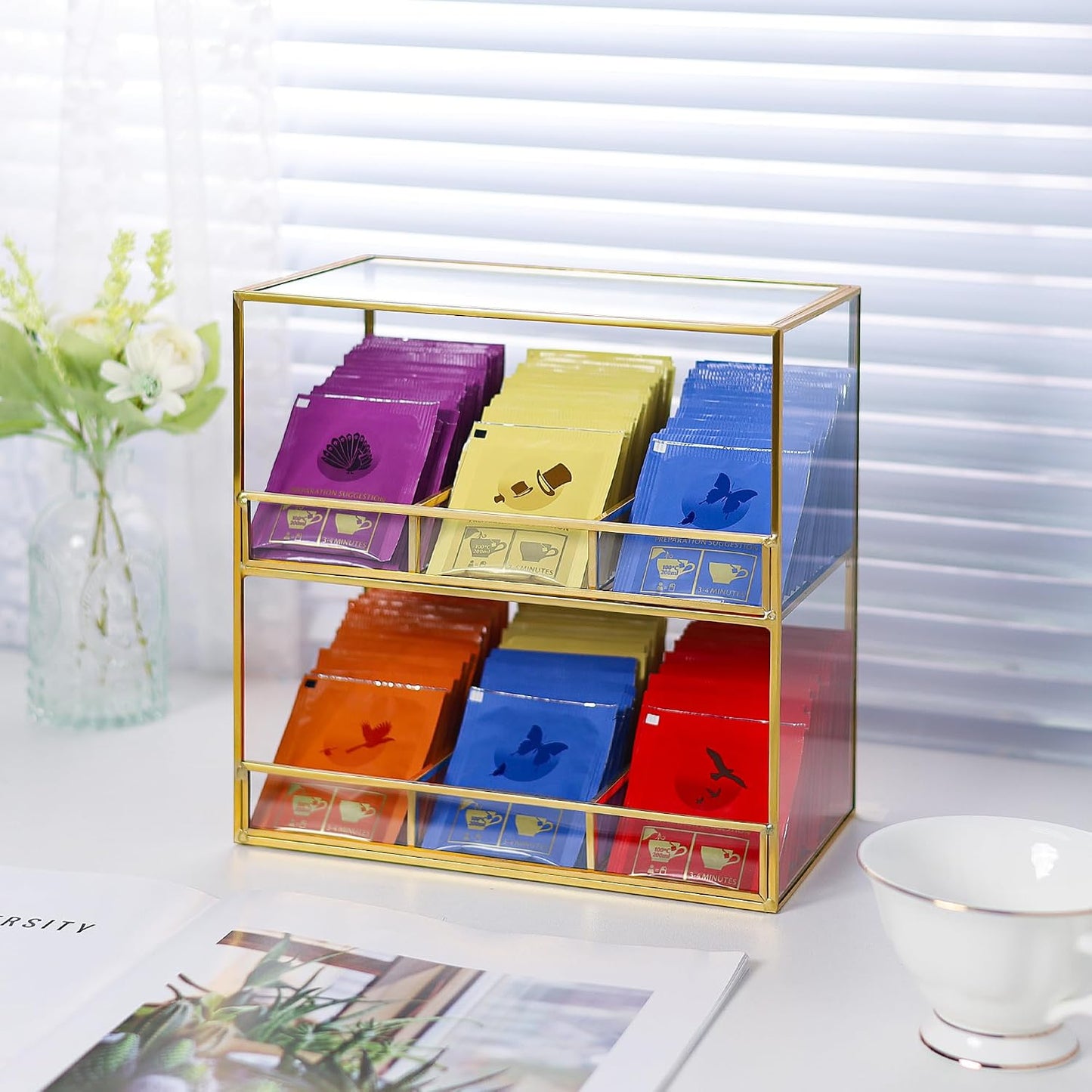 REDHUGO Glass Tea Bag Organizer for Counter, 2-Tier Teabag Organizer Storage Holder for Tea Bags, Glass Caddy Box Containers, Rack Teabag Station Stand for Cabinet Kitchen, 2-Tier, Gold