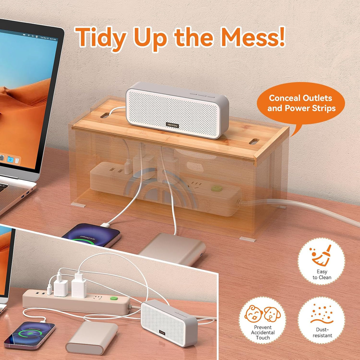 Pezin & Hulin Bamboo Cable Management Box, Power Strip Organizer, Medium