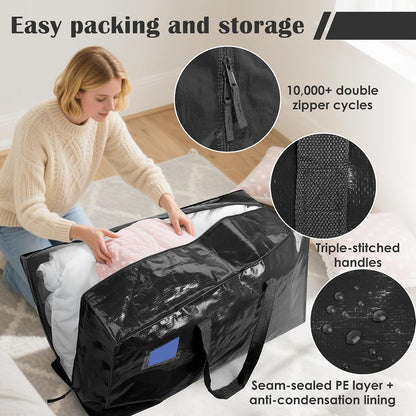 Moving Bags Heavy Duty 210GSM with Full-Open Side Zipper, 93L 220lbs Waterproof Foldable Storage Totes for College Dorm Move-In, Moving Boxes Alternative & Home Organization, Blue