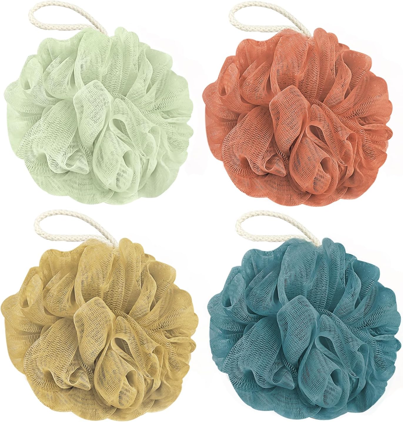 Rnoafmu Shower Loofah Bath Sponge, 60G Loofah Exfoliating Body Scrubber, 4 Color Mesh Shower Pouf Balls for Body Wash (Pink Green White Gray)