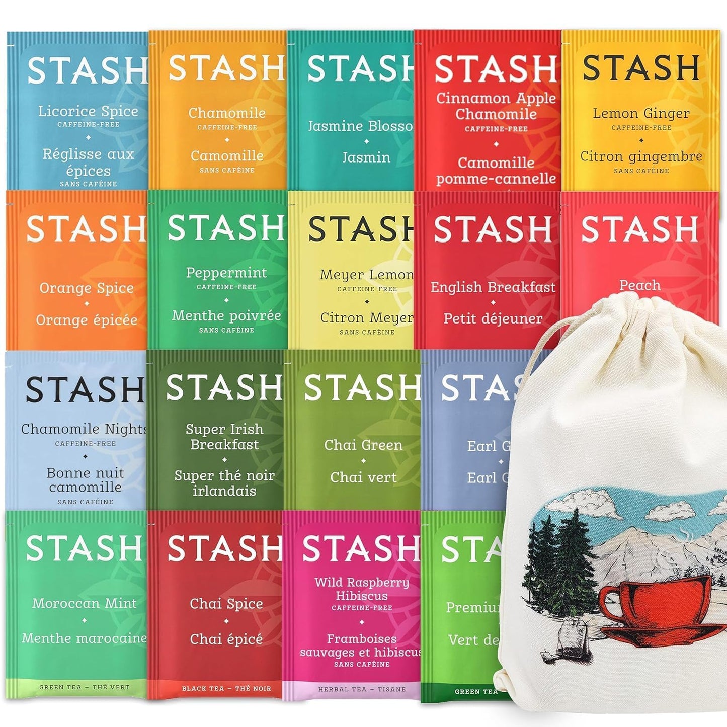Stash Tea Sampler 40 Assorted Tea Bags, 18 Flavours in Cotton Pouch