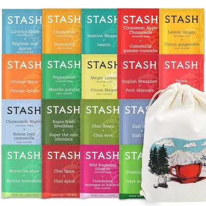 Stash Tea Sampler 40 Assorted Tea Bags, 18 Flavours in Cotton Pouch