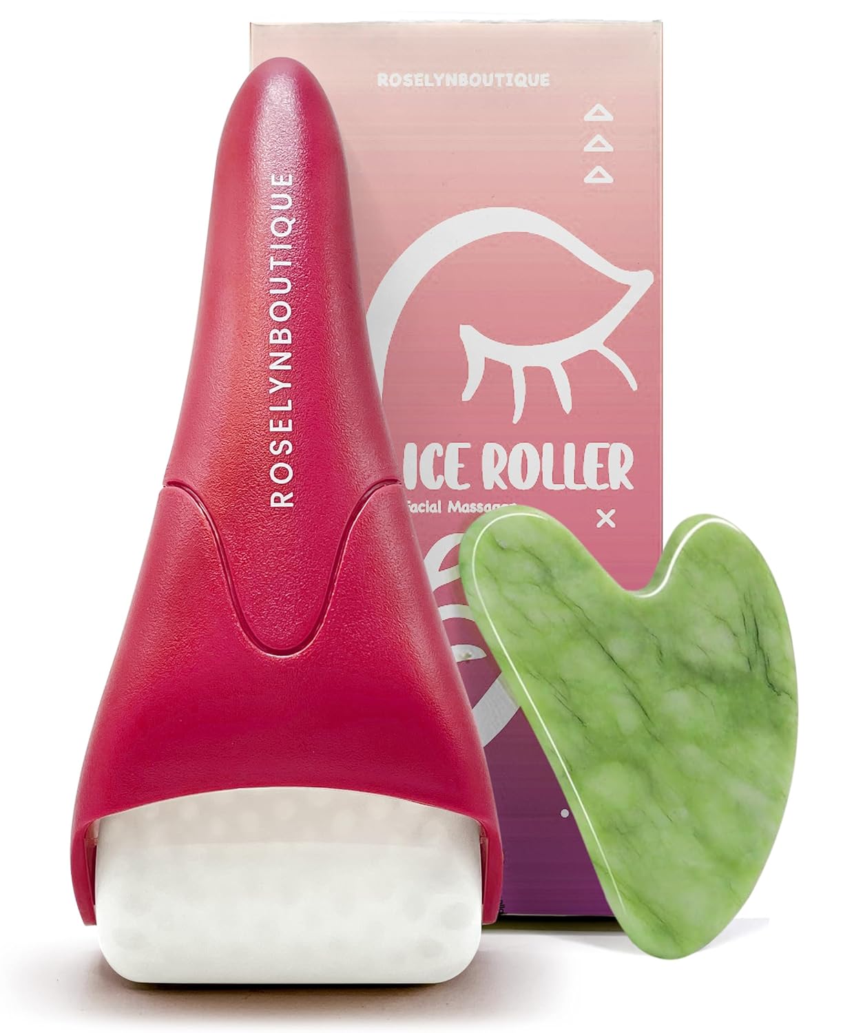 ROSELYNBOUTIQUE Ice Roller for Face & Gua Sha Facial Tools - Wrinkles Fine Lines Puffiness Massager Facial Skin Care Guasha Tools Self Care Gifts for Men Women (Pink)
