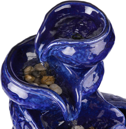 Glitzhome Ceramic Tabletop Tiered Water Fountain with Pump and LED Light 8.75'' Turquoise Leaf Textured Water Fountain Zen Decor for Indoor and Home Decoration Table Desk Office Patio