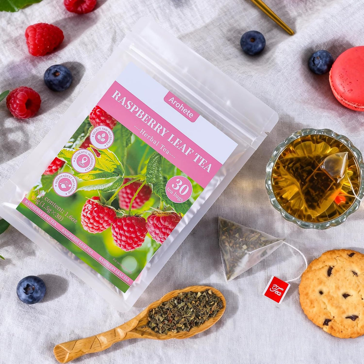 Arohete Raspberry Leaf Tea Bags,30 Teabags-Natural Red Raspberry Leaves Herbal Tea-Caffeine Free -No Additives-Support Menstrual