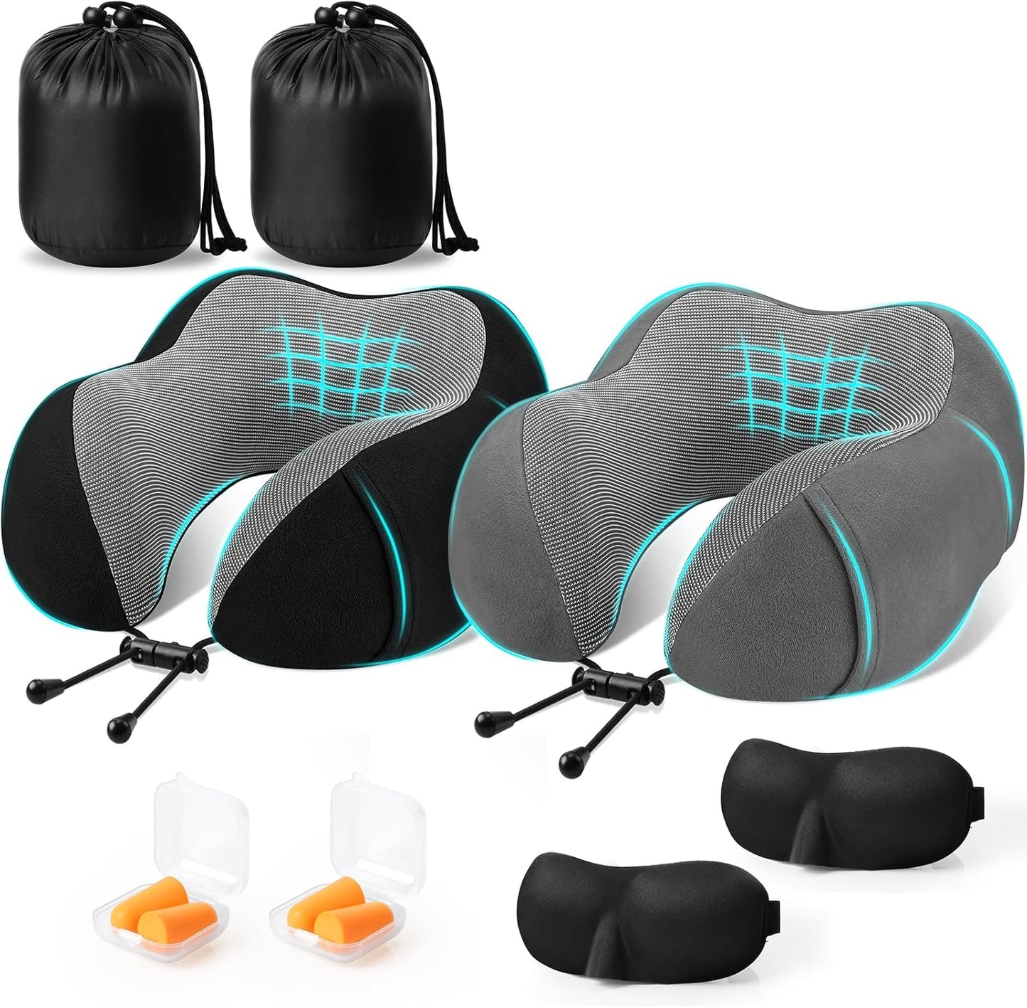 CloudBliss Travel Pillow for Airplane, Memory Foam Neck Pillow for Travel, Compact Flight Pillow with Eye Mask, Earplugs, Carry Bag, Travel Neck Pillow for Long Flight Sleep, Plane Accessories, Black
