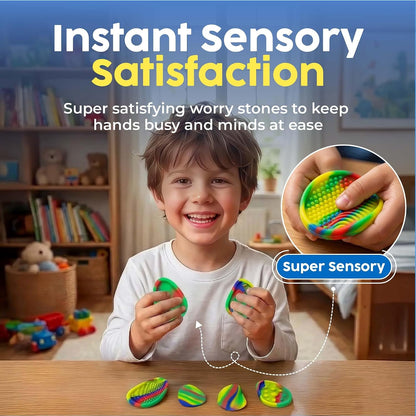 BUNMO Fidget Toys - Fidget Stones Sensory Toys – 6pk Pastel | Silicone Worry Stones for Kids Ages 3+ | Portable, Textured, Quiet Sensory Stones for Hands-On Play