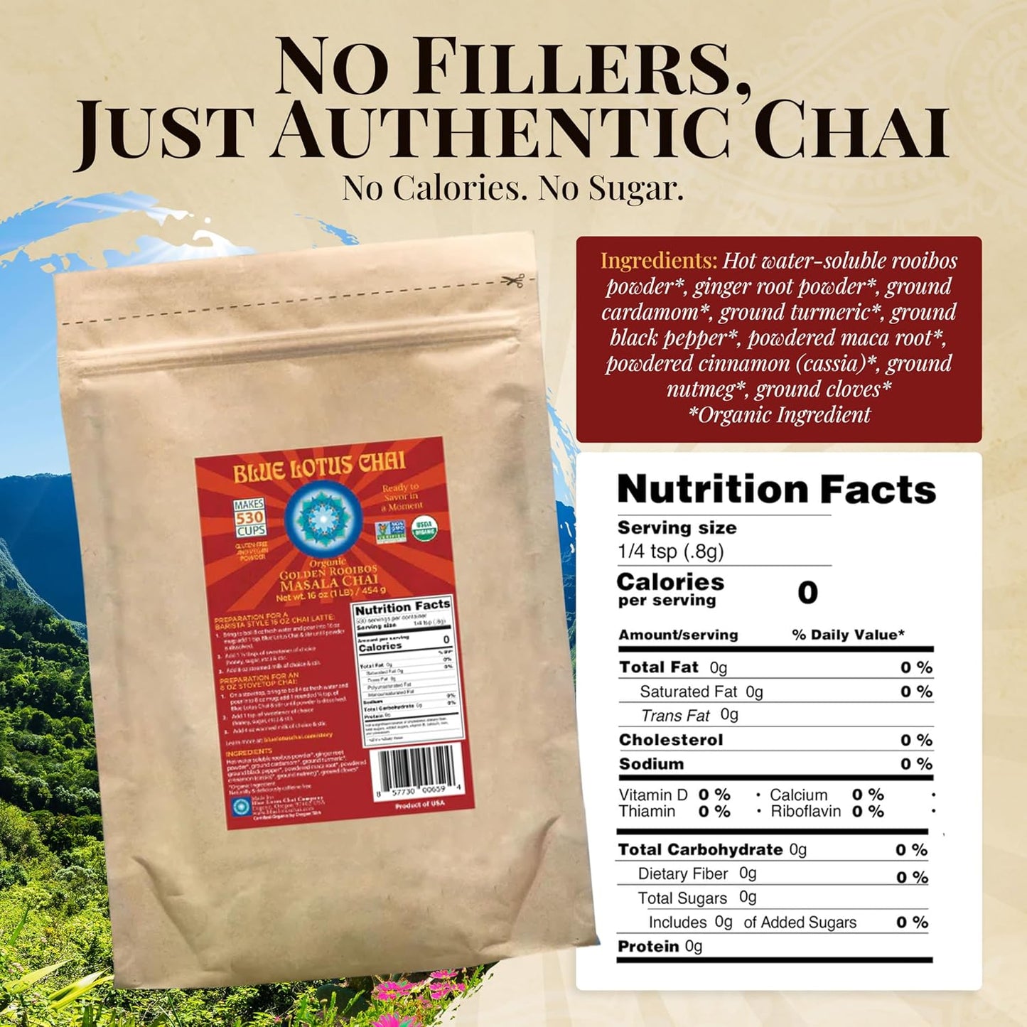 Blue Lotus Chai - Golden Masala Flavor Chai - Makes 100 Cups - 3 Ounce Masala Spiced Chai Powder with Organic Spices - Instant Indian Tea No Steeping - No Gluten