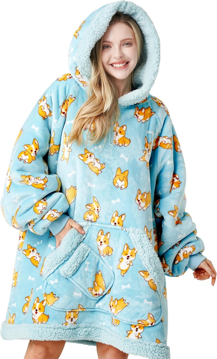 Giggling Getup Wearable Blanket Hoodie for Adults Gifts for Teen Girls Sister Women Sherpa Fleece Printed Hooded Blanket Sweatshirt Warm Cozy with Pocket & Sleeves Beige Cat