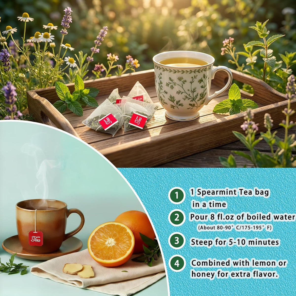 Samcci Spearmint Tea Bags, 40 Counts, Pure Dried Spearmint Leaf
