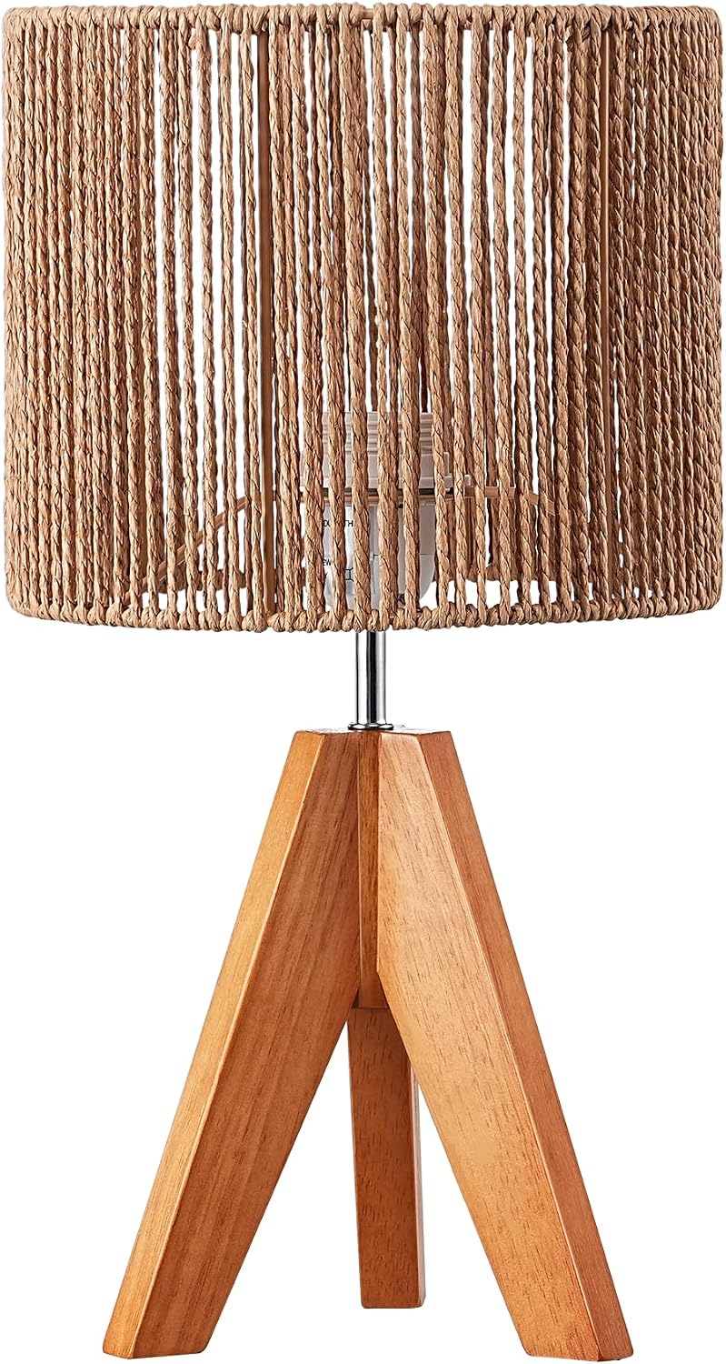 EDISHINE Tripod Table Lamp, Small Cute Bedside Lamp with Linen Beige Lampshade, Nightstand Lamp for Nursery, Bedroom, Kid Room, Living Room, Light Brown Wooden Base, E26 Socket, 14.2 Inch