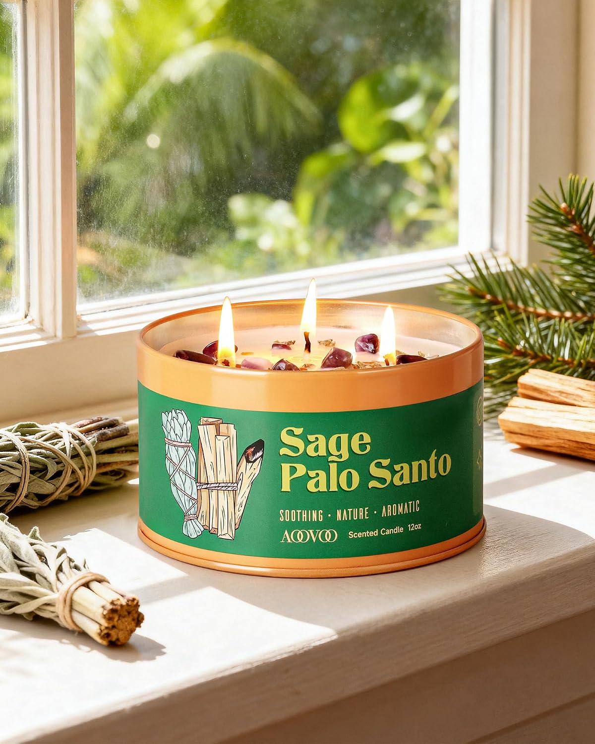 AOOVOO Sage Candle for Cleansing - 3 Wick 12oz Large Scented Candle with Crystals & Sage Leaves Inside, Soy Candles Non Toxic for Meditation Spiritual Gift, Aromatherapy Candle for Women Men