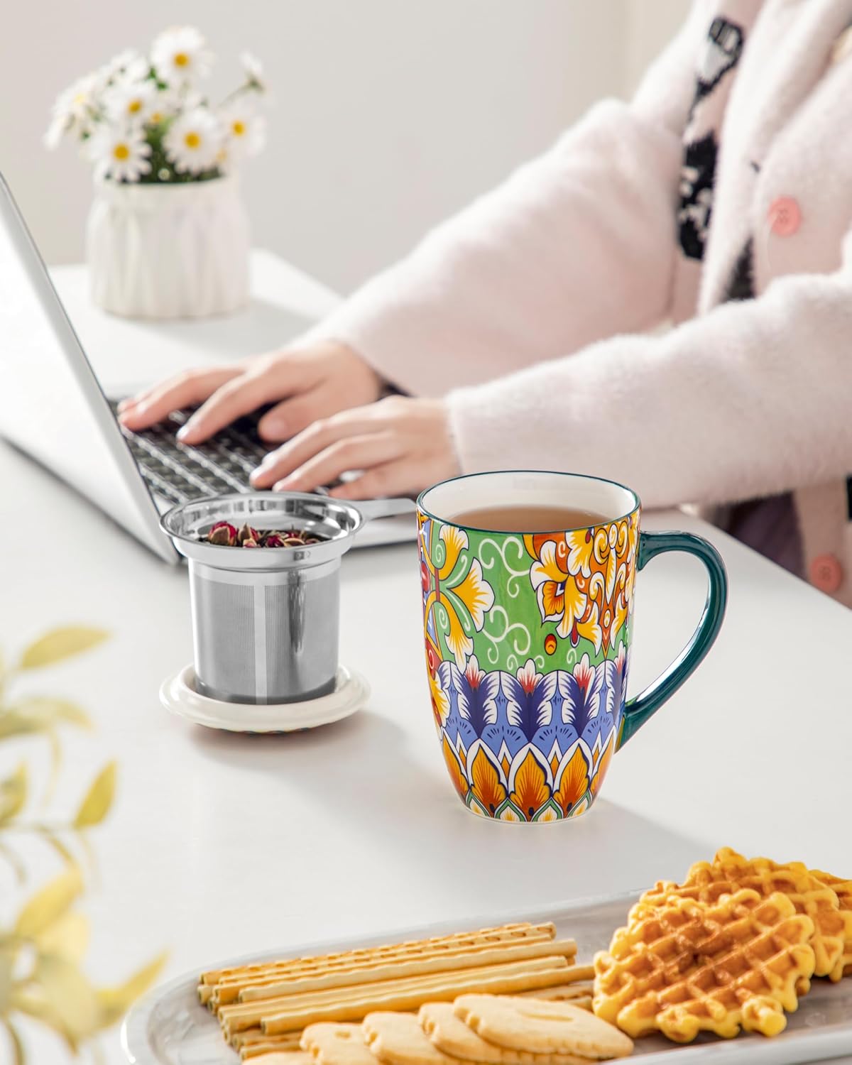 vancasso Ceramic Tea Mug with Infuser and Lid, 18 Ounce Bohemian Loose Leaf Cup, Microwave & Dishwasher Safe, Perfect for Tea, Coffee, Burnt-Cobalt Mandala