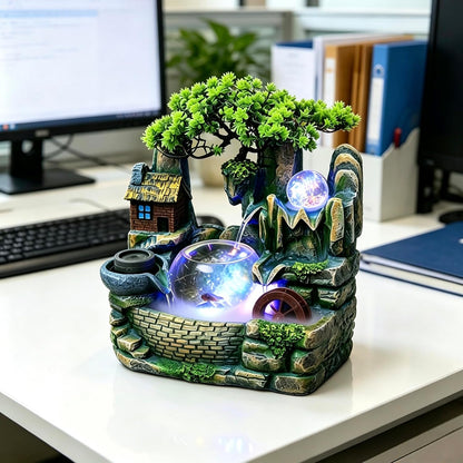 Mini Artificial Bonsai Tree Waterfall Fog Feature Rock Tabletop Fountain | 11in Desktop Decor Waterfall Fountain W/ Water Pump& Atomizer&LED Lights &Fake Tree Office Bedroom Relax